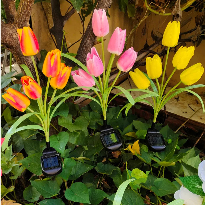 bouquet tulipes artificielles fleurs rouge rose jaune clips solaires extérieur moderne