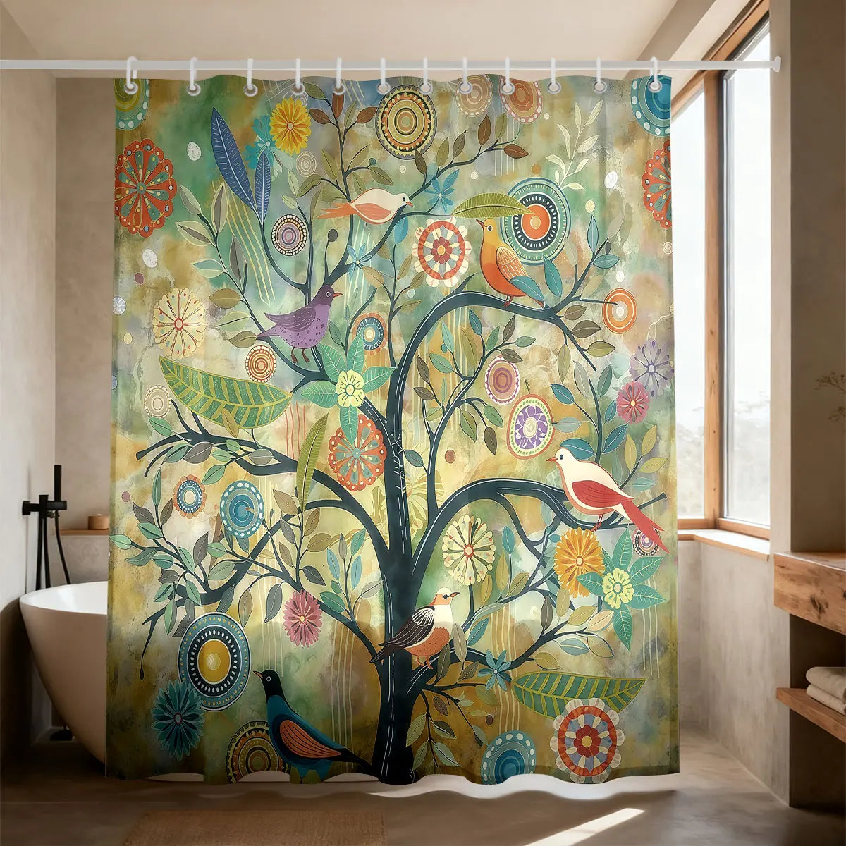 rideau douche arbor floral oiseaux couleurs vives opaques anneaux salle bain