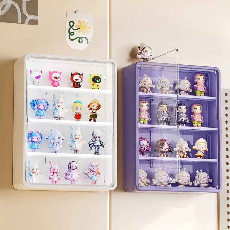 boîtes figurines transparentes modernes mur blanc violet pliables rangement anti poussière