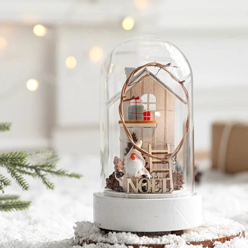 décoration noël miniature maison verre animaux sapin cadeaux lettres noel base plate