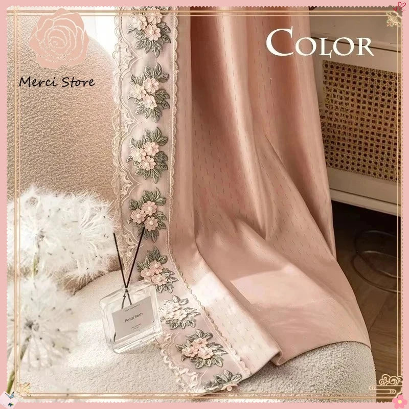 rideau rose pâle brodé fleur classique opacité bordure dentelée européen chambre salon polyester