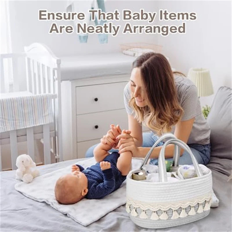 panier tressé rangement couches lingettes bébé rustique gris blanc beige