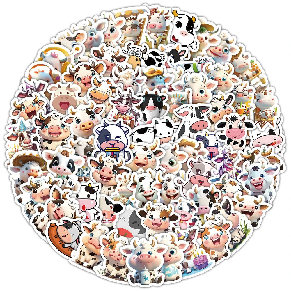 stickers vache cartoon kawaii random couleur pack 100 pieces stickers animaux imperméables téléphone ordinateur