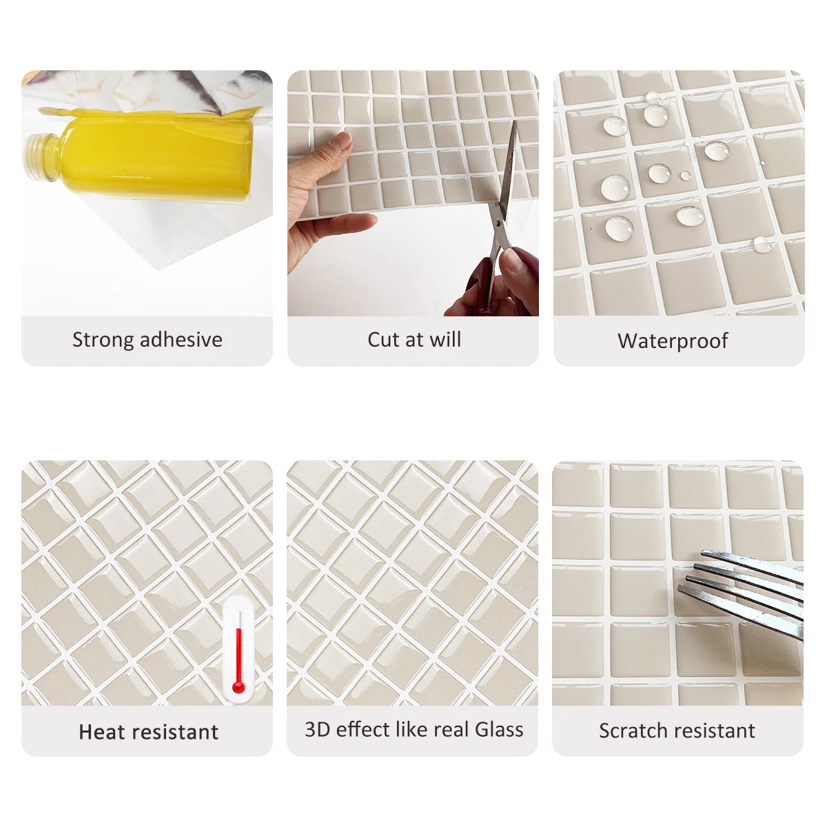 carreaux mur autoadhésifs modernes carrés uniformes beige clair 10x10 imperméables pièces