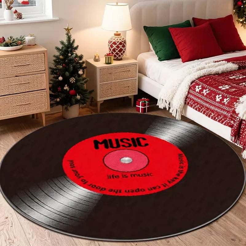 tapis rond moderne disque vinyle noir rouge bleu violet life is music chambre salon