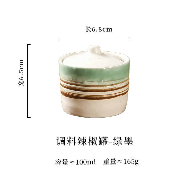 pot épices céramique respectueux environnement noir blanc bleu vert rayures géométriques rustique couvercle cuillère