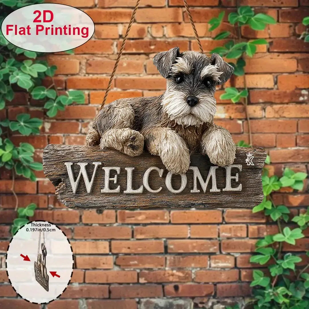 Panneau decoratif welcome chien schnauzer texture bois vintage 3d cordelette marron gris blanc