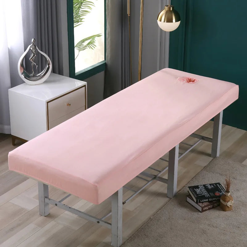 table massage gris blanc vert clair rose pâle uni moderne pieds métalliques couvre lit