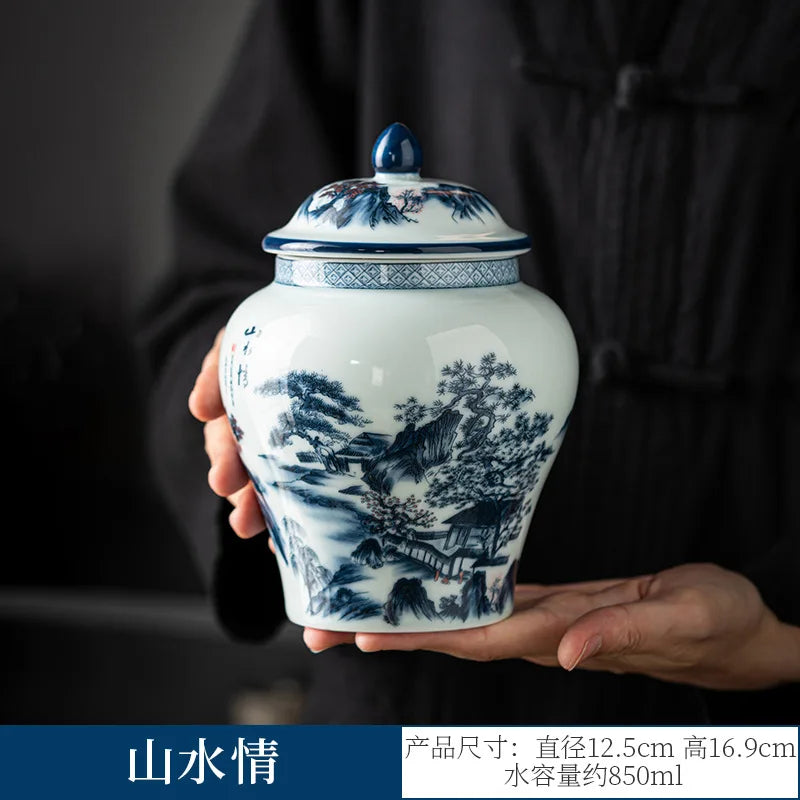 pot thé céramique blanc bleu paysage chinois couvercle fleurs montagnes arbre traditionnel