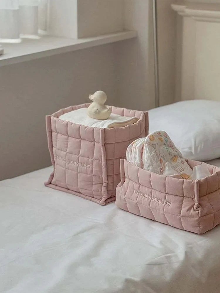 sac rangement coton piqueté moderne doux poignées tissu multicolore beige rose bleuclair jaune blanc