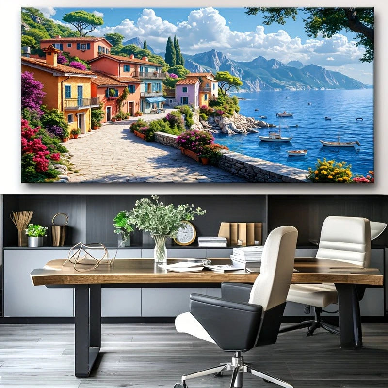 tableau mural moderne paysage urbain maison colorée fleur montagne mer multicolore sans cadre encre