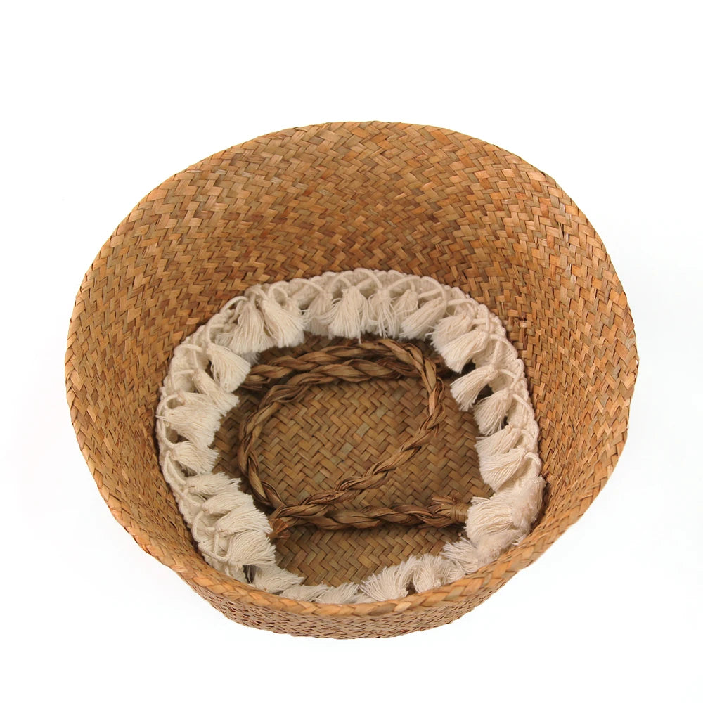 panier tissé marron clair franges blanches boho rangement réutilisable respectueux environnement
