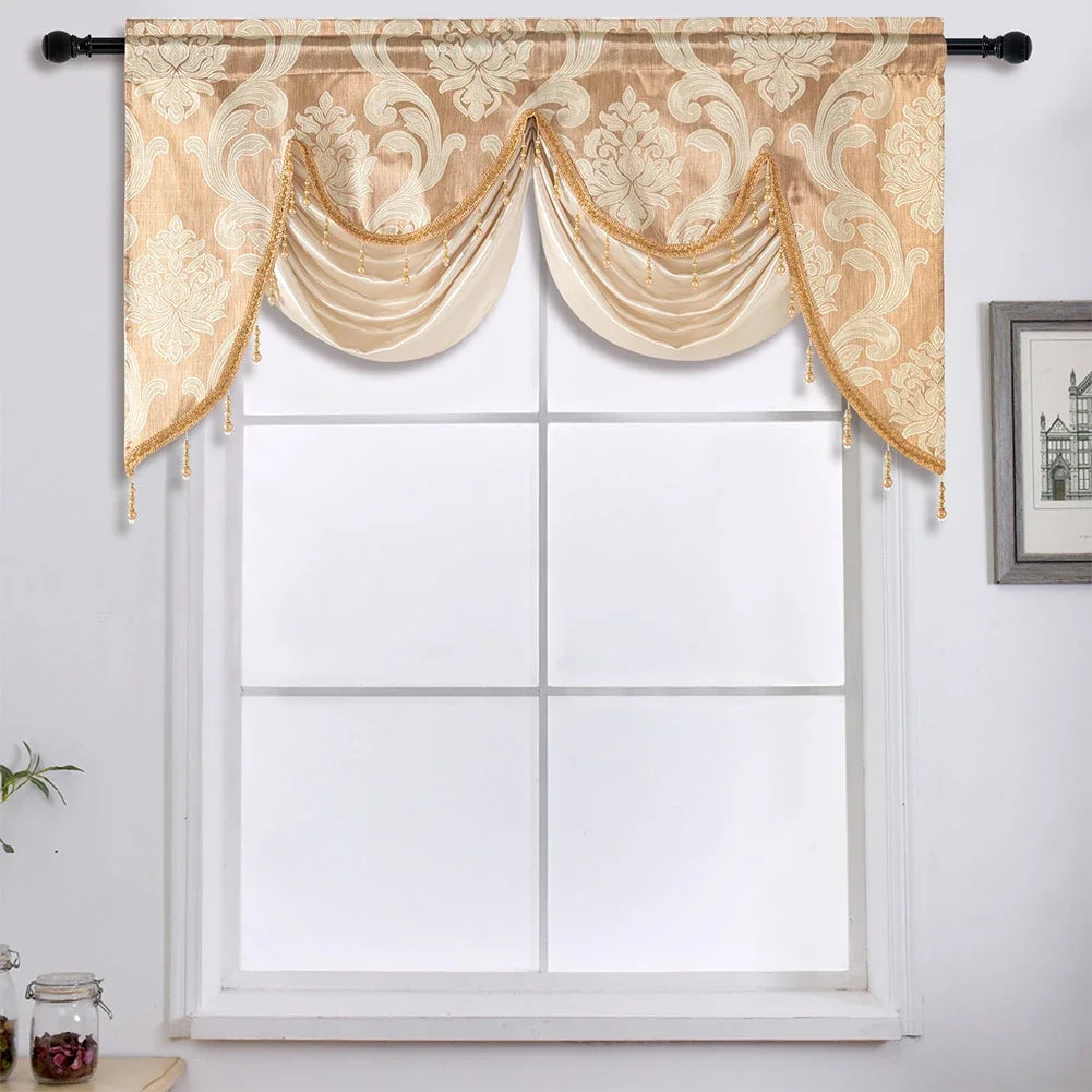 rideau fenêtre floral damassé semi transparent gris beige tissu polyester texturé glands classique 135x75cm