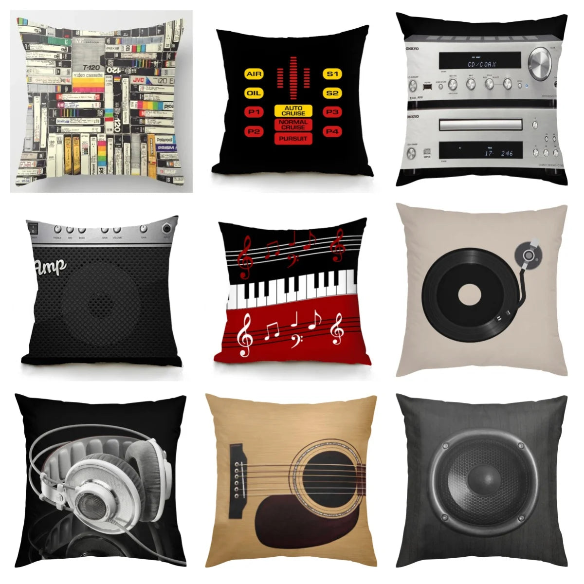 housse coussin carré musique rétro guitare noir blanc décoration salon lit fauteuil coton polyester