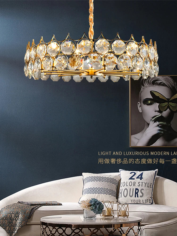 luminaire suspension cristal moderne luxe rond doré transparent salon salle manger chambre
