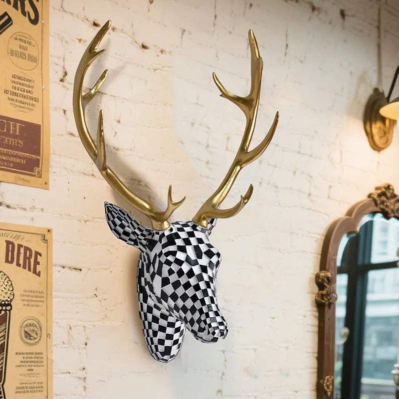 décoration murale tête cerf or noir blanc moderne checkerboard