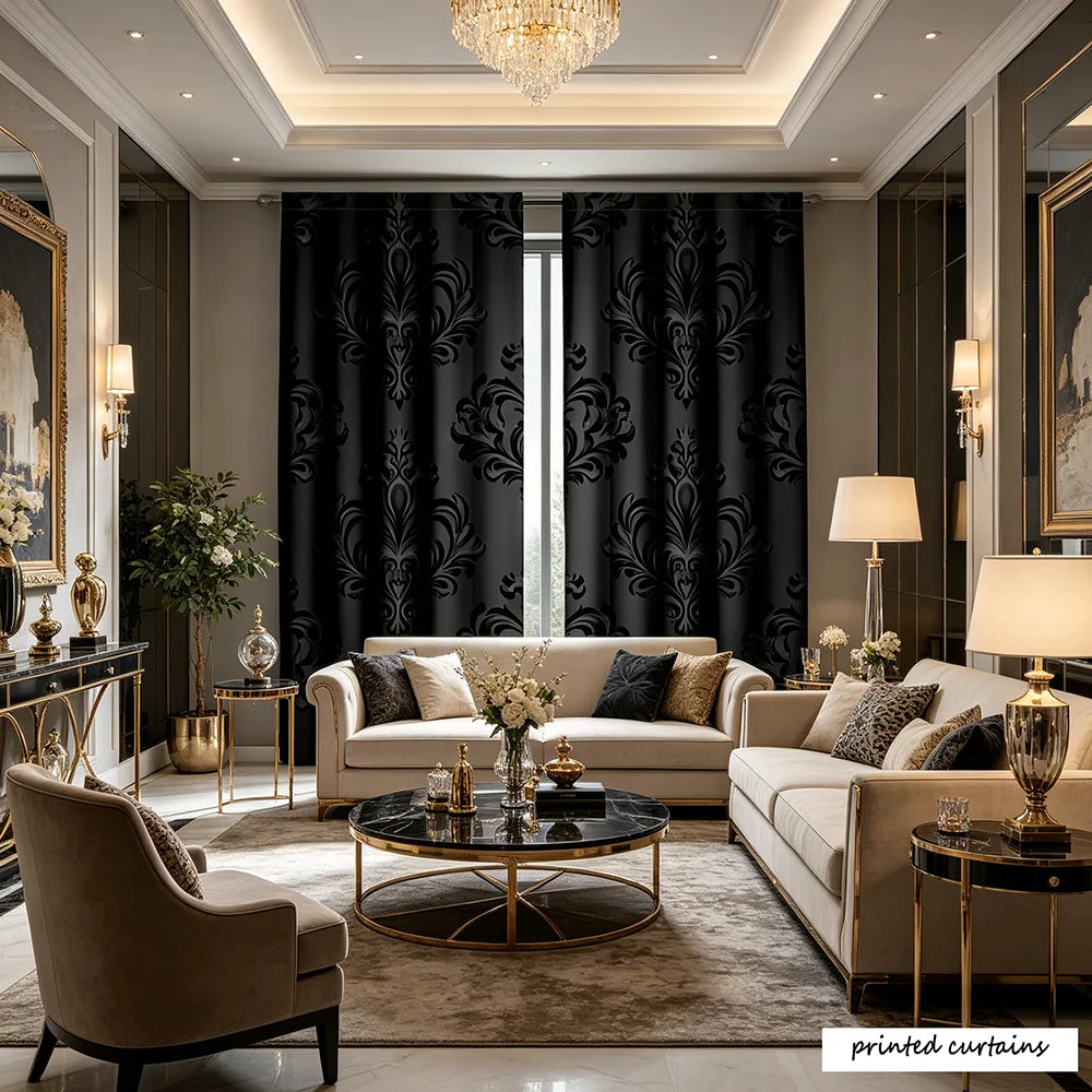 rideaux noir ornements floraux classique salon opaques polyester
