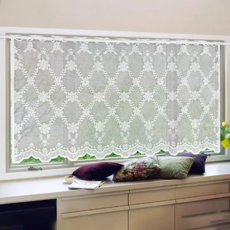 rideau blanc dentelle motifs floraux classique translucide cuisine salon decoration maison 140x60cm polyester Jacquard