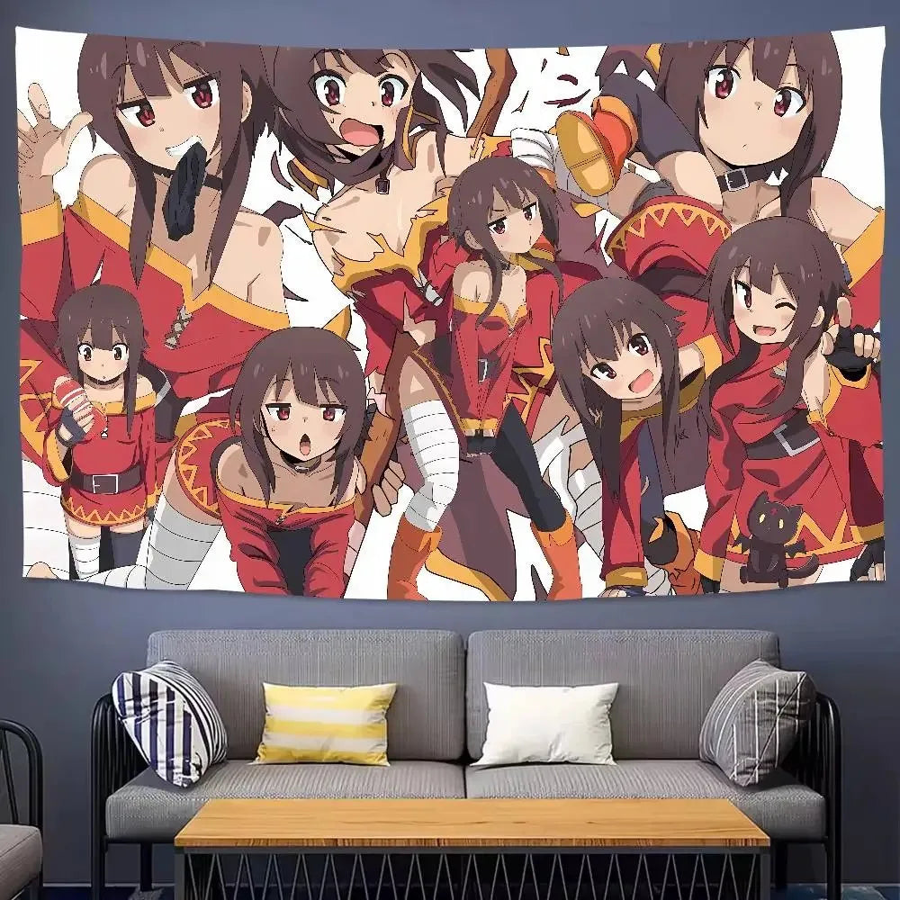 tapisserie anime personnages féminins rouge blanc bleu noir illustration japonais décoration murale chambre salon