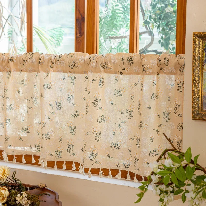 rideau cuisine polyester feuilles fleurs tissé beige vert bleu blanc opacité classique rustique tassels