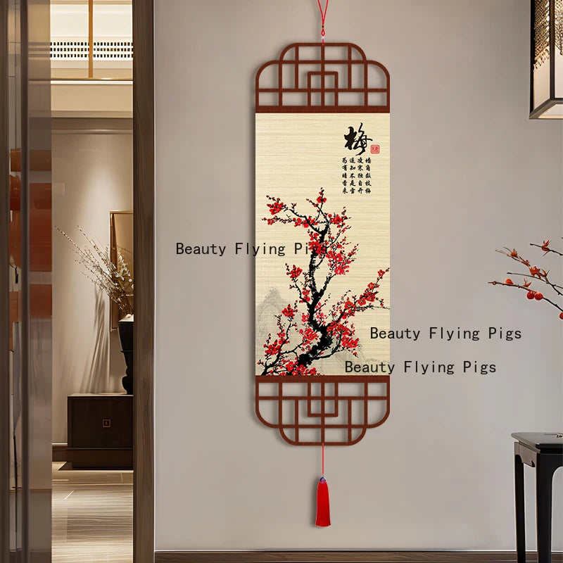 rideau bambou décoratif fleurs cerisier oiseaux paysage asiatique traditionnel beige brun foncé intérieur maison
