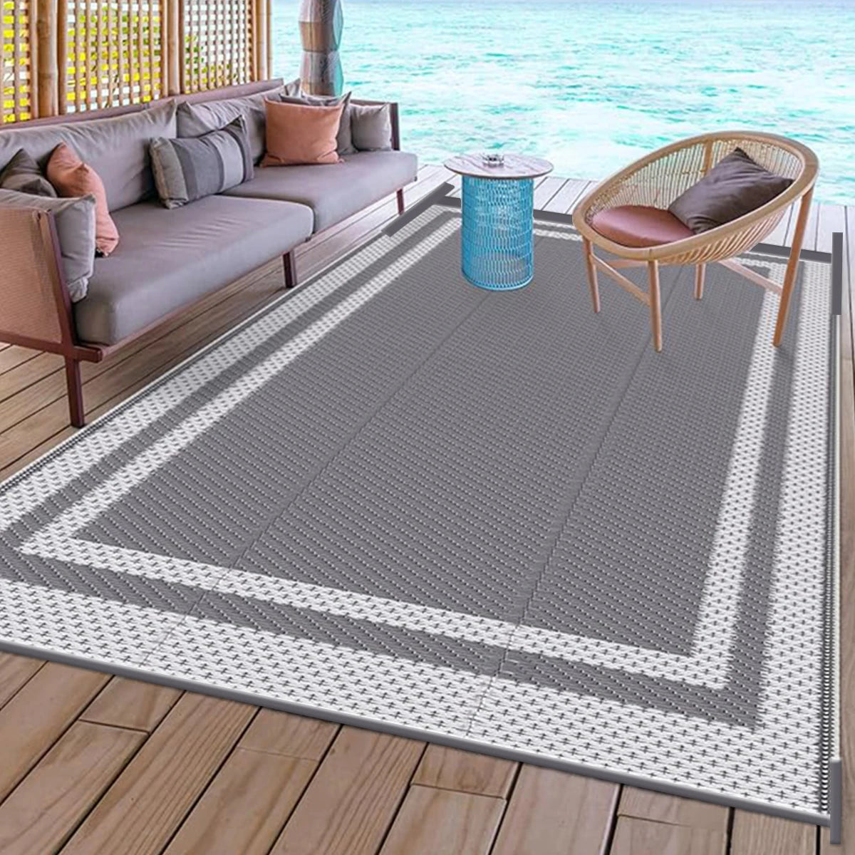 tapis extérieur polypropylène moderne gris blanc motif géométrique simple hand washing patio camping