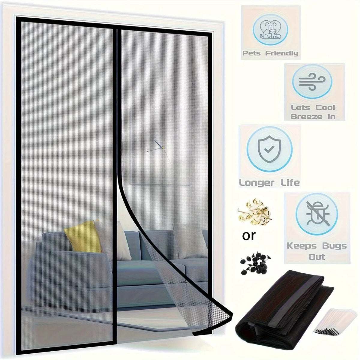 rideau moustiquaire magnétique porte noir maille fine fermeture automatique anti insectes ventilation moderne