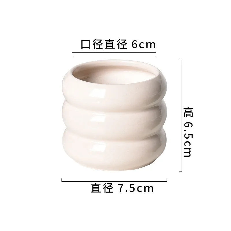 Pot plante moderne céramique beige rayures horizontales plante verte intérieure décoration maison