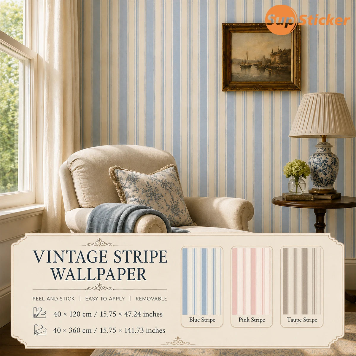 papier peint autocollant rayé vintage bleu clair beige rose pâle taupe opacité classique muette