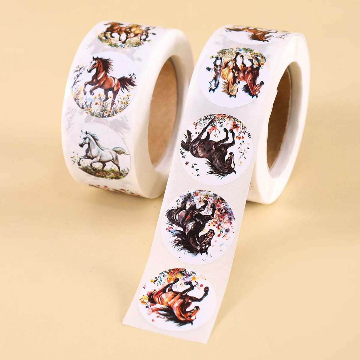 autocollants chevaux scènes naturelles fleurs blanc noir marron gris rose vert bleu illustration réaliste
