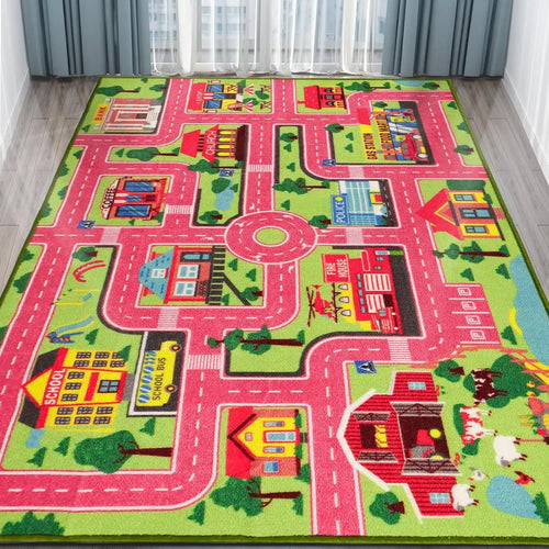 tapis floral thème urbain voitures routes décoratif enfant violet jaune vert rouge blanc noir