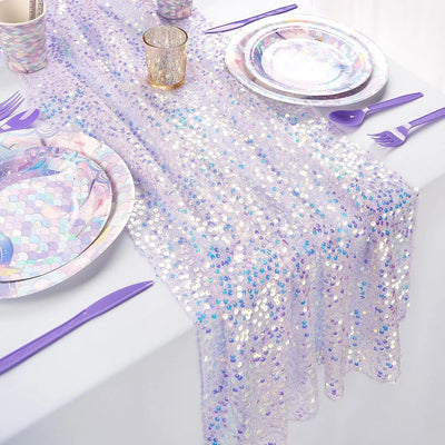 nappe festive séquins irisés transparent violet rose turquoise blanc anniversaire décoration scintillante assiettes gobelets