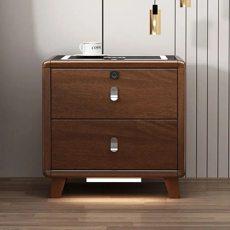 table nuit moderne bois blanc marron poignées métalliques chargeur sans fil