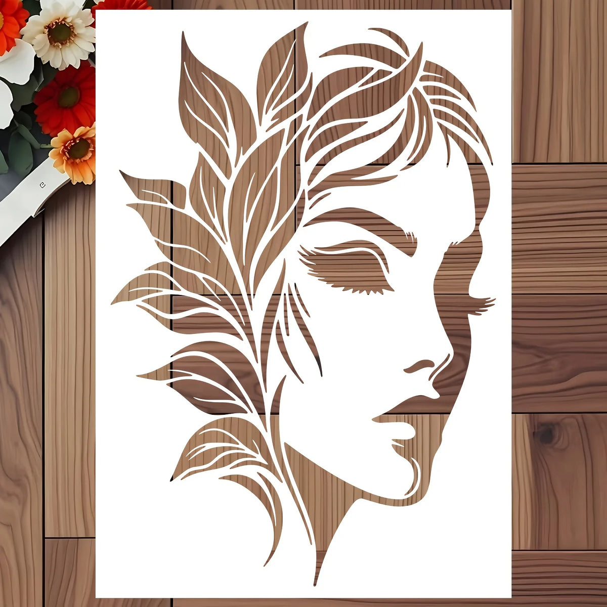 Stencil graphique moderne cadre mural tshirt coussin sac main illustration femme feuilles