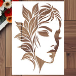 Stencil graphique moderne cadre mural tshirt coussin sac main illustration femme feuilles