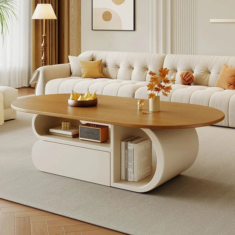 table basse moderne minimaliste bois métal blanc salon decoration livres radio