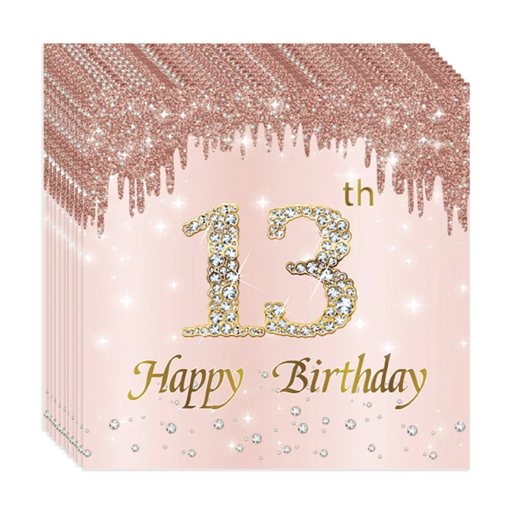 serviettes fête élégantes rose pâle strass dorés texte happy birthday anniversaire strass chiffres festive