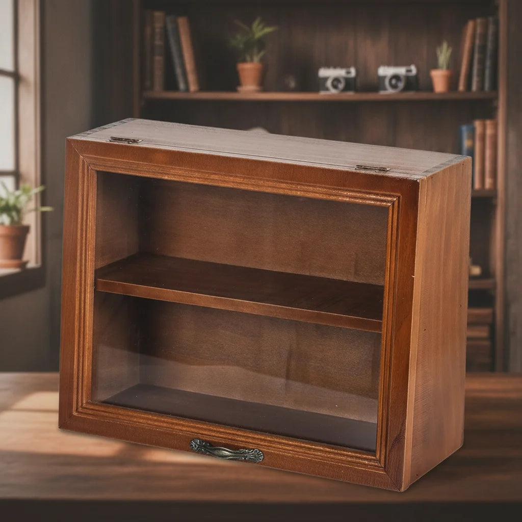 boîte rangement bois verre transparent classique moderne étagère vitrine couvercle coulissant figurines bijoux domestique