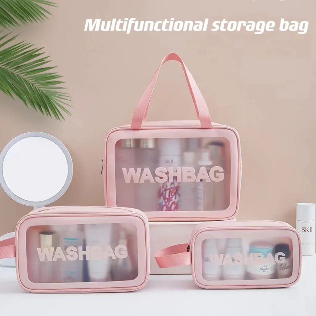 sac rangement multifonctionnel rose transparent moderne poignée amovible grande capacité réutilisable cosmétiques toiletpasseport voyage