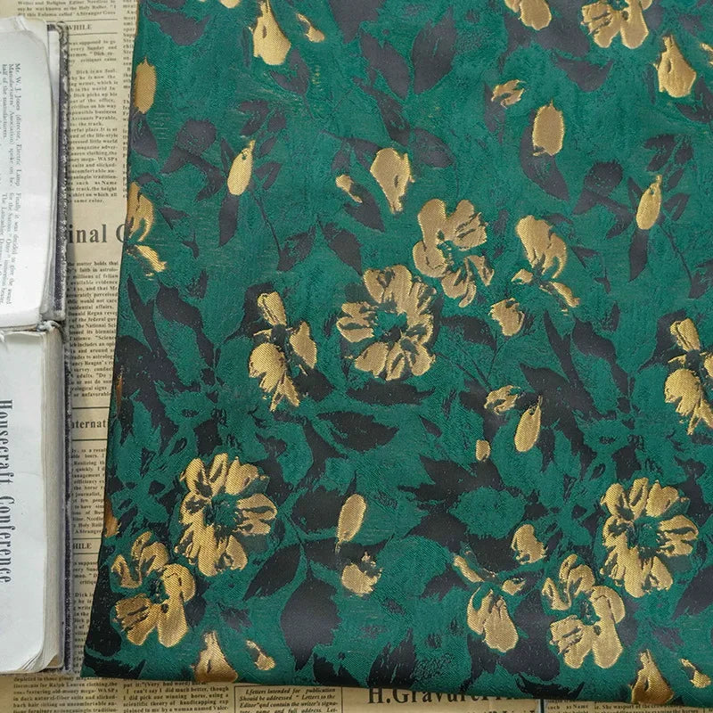 tissu brocart floral vert foncé semi transparent polyester largeur 155cm élégant résistant intempéries Jacquard