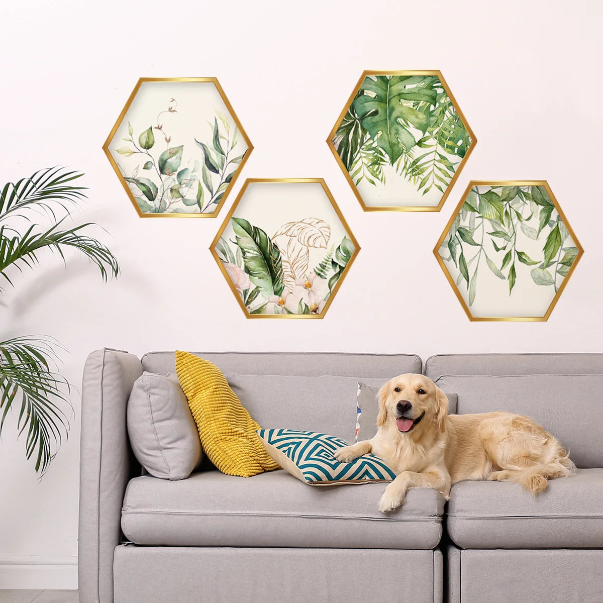 cadres hexagonaux adhésifs feuilles tropicales fleurs modernes or vert blanc chambre salon decoration