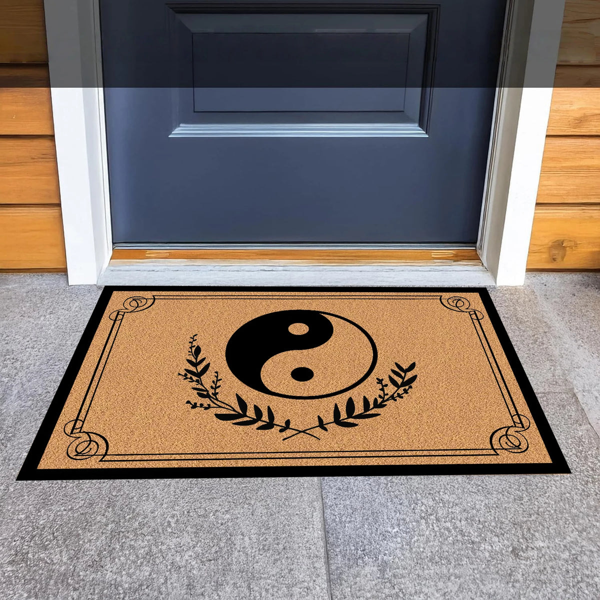 tapis d'entrée yin yang feuilles stylisées antidérapant résistant intempéries extérieur intérieur moderne