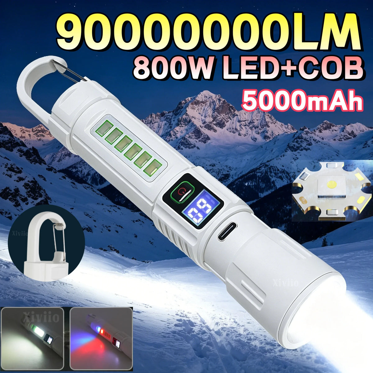 lampe torche blanc moderne résistante chocs zoom télescopique affichage led modes camping