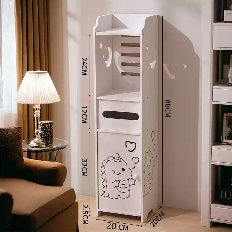 meuble rangement salle bain blanc moderne tiroir déchets étagères étroites