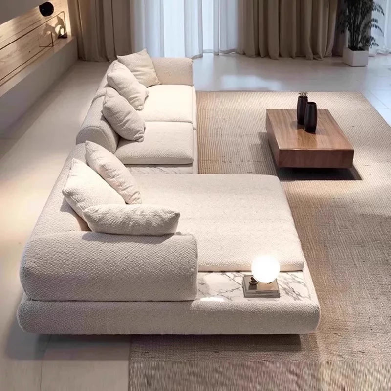 canapé d'angle moderne beige texture bouclée adhésif salon bois éponge scandinave maroc