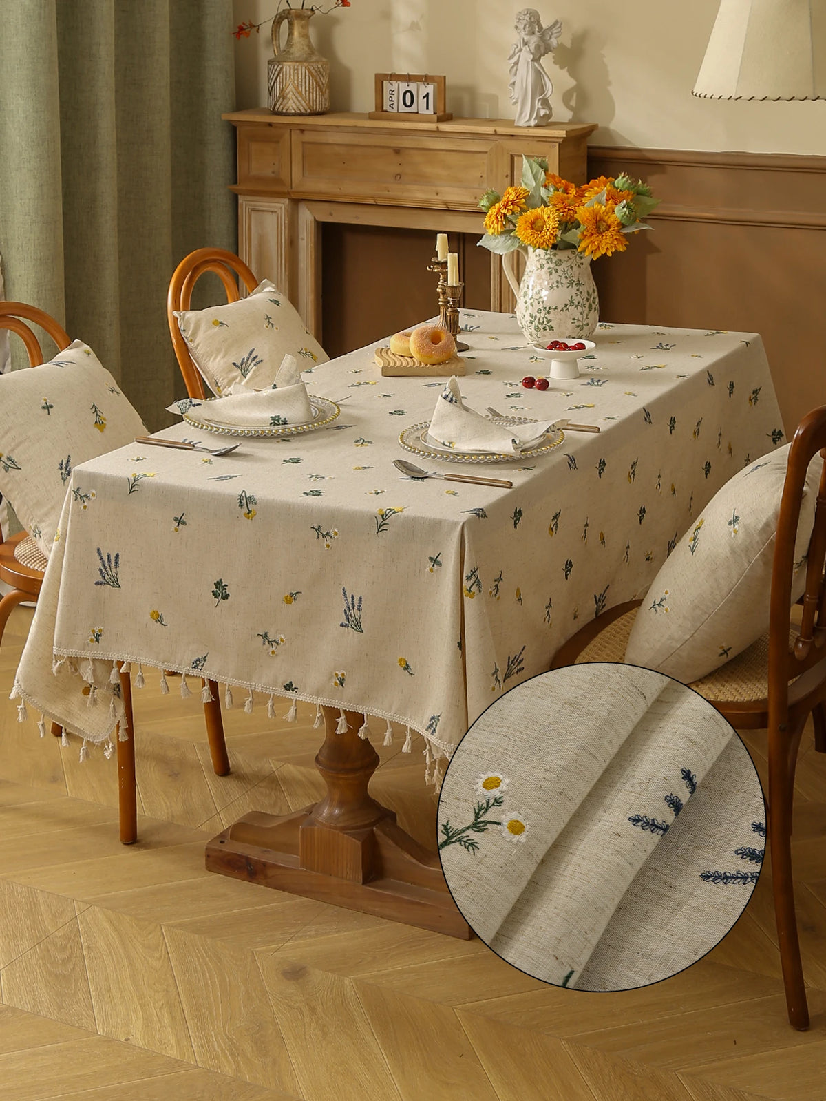 nappe lin brodée motifs floraux rustique beige table décoration extérieure mariage fête