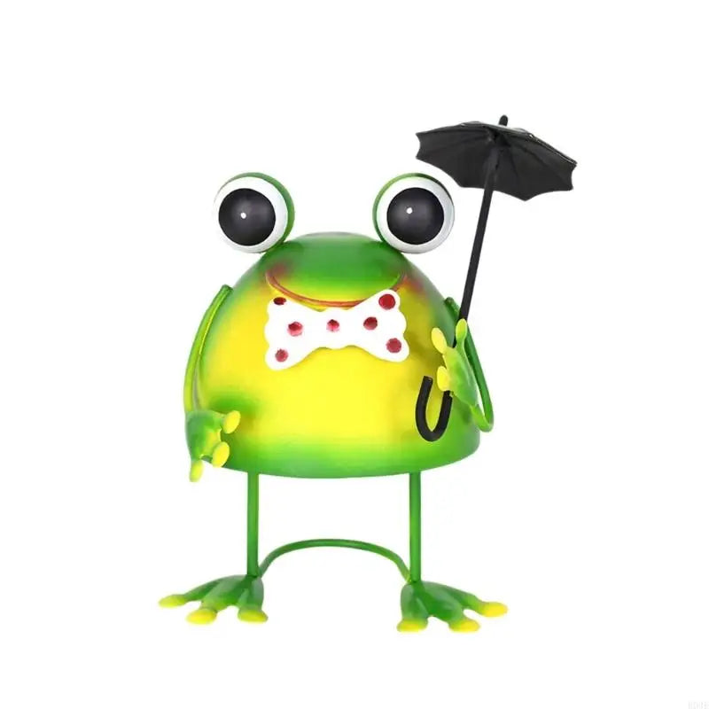statuette grenouille verte mignonne cartoon collier pois parapluie noir fleur bleue jardin extérieur ornement
