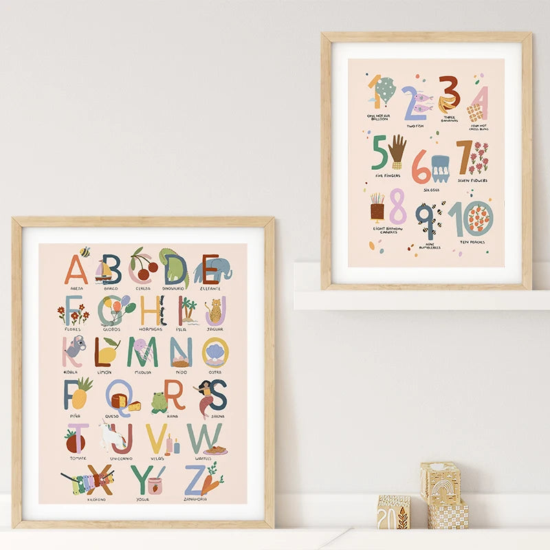 affiches alphabet chiffres illustration enfantine rose clair lettres numeros toile sans cadre moderne chambre