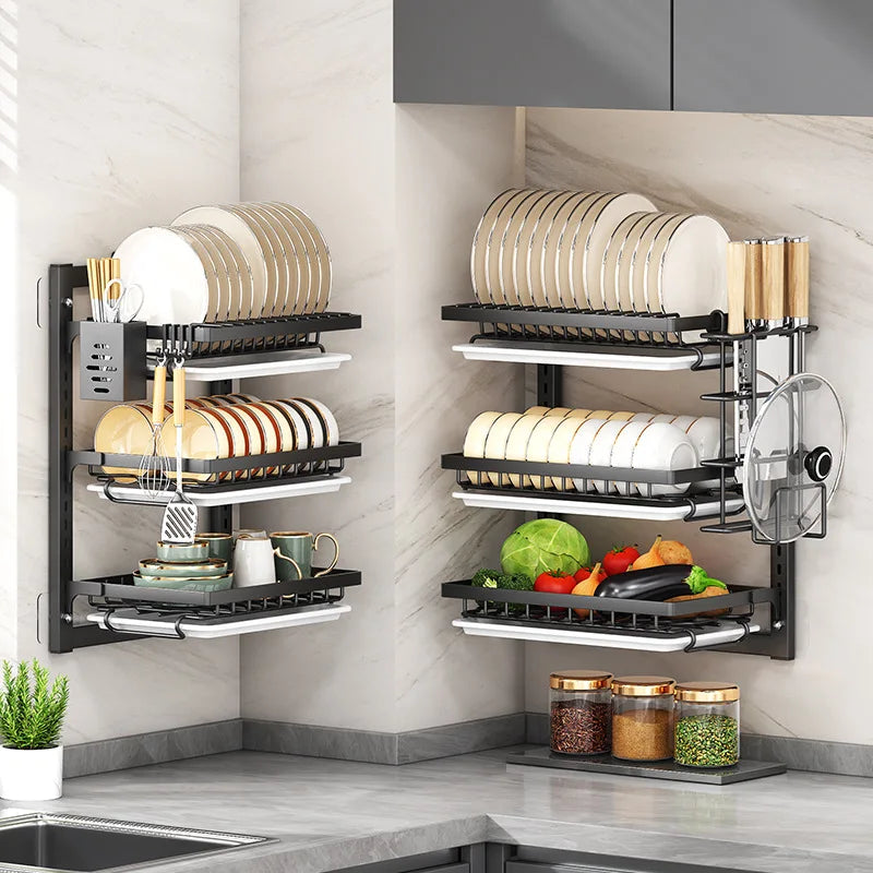 étagère murale noire moderne clips vaisselle rangement cuisine assiettes bols couteaux planche découpe robuste