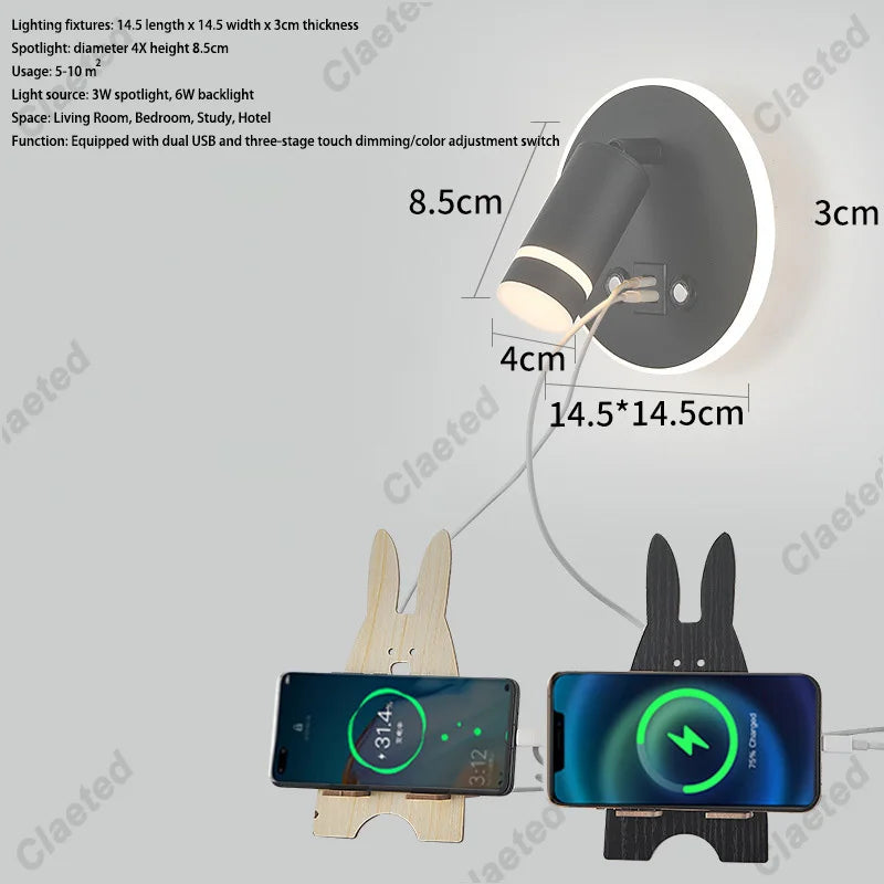 lampe murale moderne noire blanche dorée prise usb charge smartphone interrupteur éclairage chambre cuisine